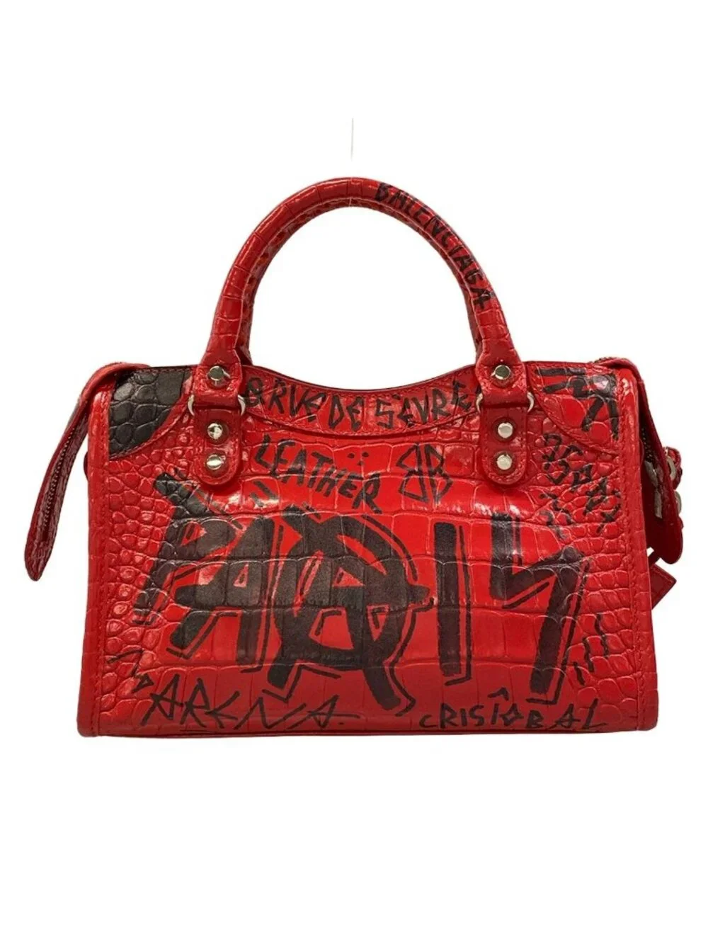 Balenciaga Handbag Classic Mini City Red Black Embossed Graffiti Leather